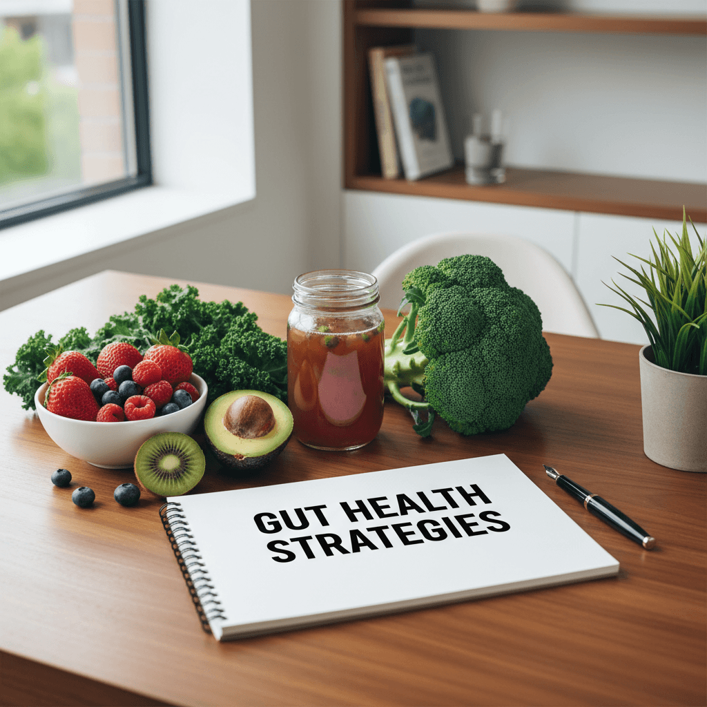 Desk with fresh fruits, vegetables, and a 'Gut Health Strategies' notebook in a bright consulting space