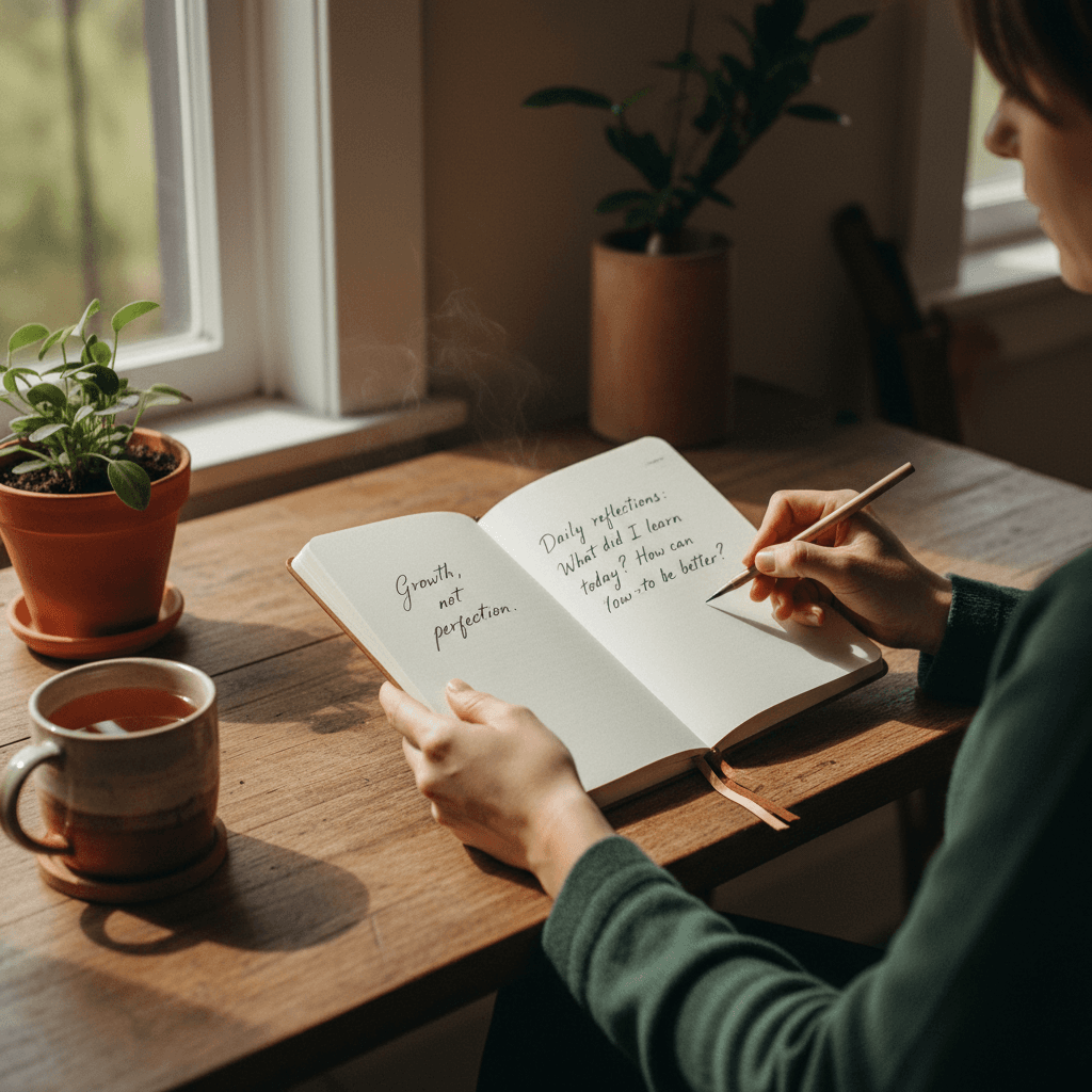 Woman reviewing her wellness routine and health goals