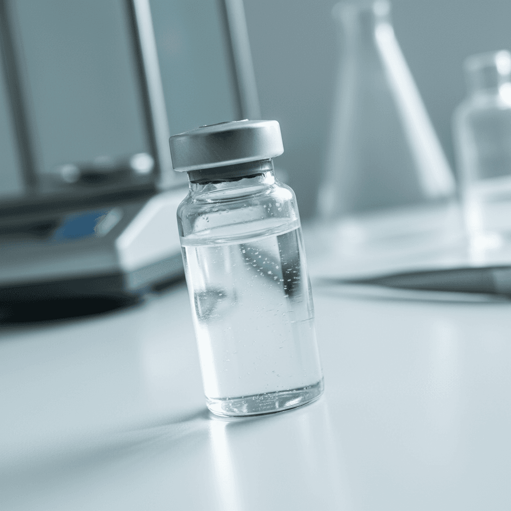 Clear glass vial of peptide formulation on white laboratory bench with professional lighting and laboratory equipment visible