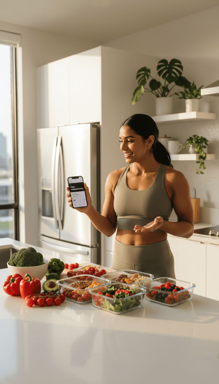 Athlete in modern kitchen reviewing personalized nutrition plan on smartphone with prepared meals and fresh ingredients