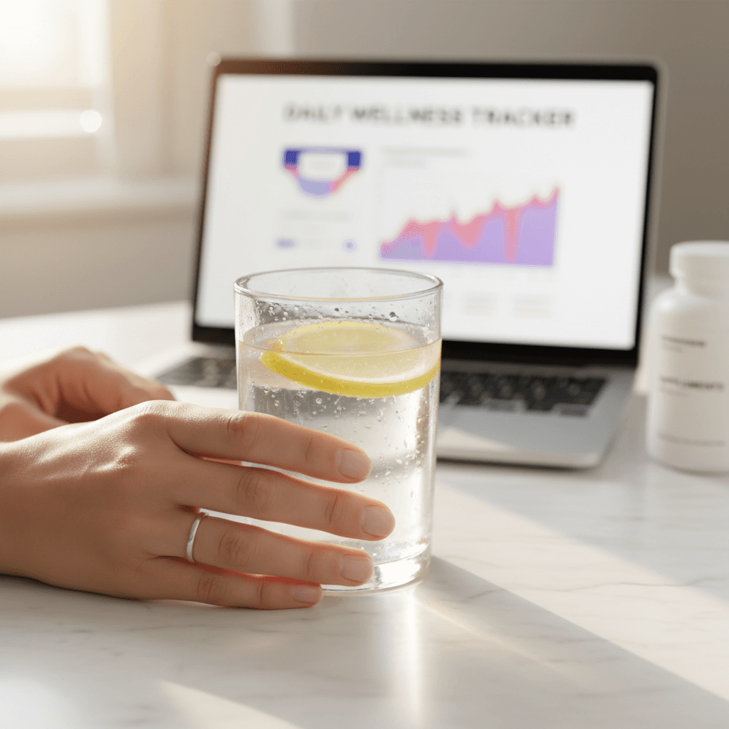 Woman enjoying a wellness routine with lemon water