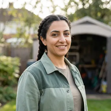 Smiling woman with dark braided hair wearing a green jacket in front of a shed.