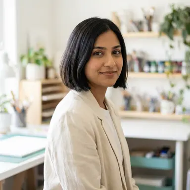Smiling woman with short dark hair wearing a light blazer in a bright art studio.