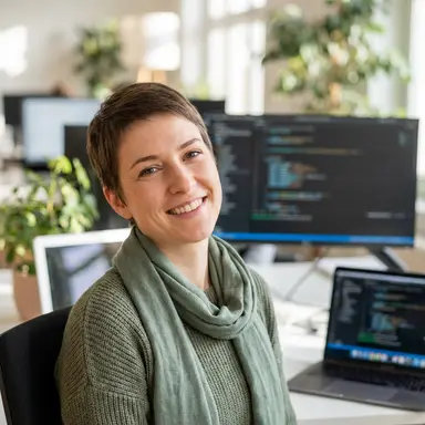 Smiling woman with short hair in a green sweater and scarf sitting before coding screens.